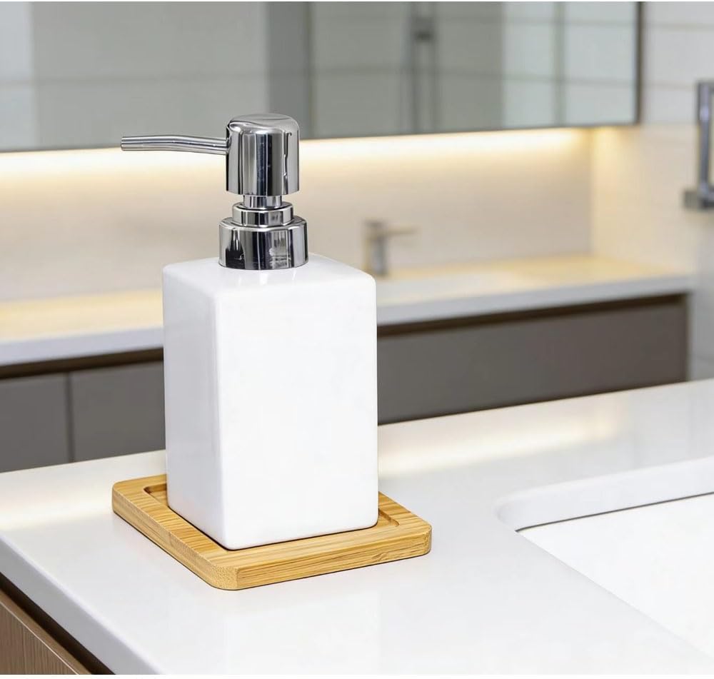 Moderno Dispenser di Sapone in Ceramica Bianca con Vassoio, Pompa per Lozione Quadrata da 325 Ml per Bagno E Cucina - Elegante E Funzionale Porta Sapone Liquido 3pcs