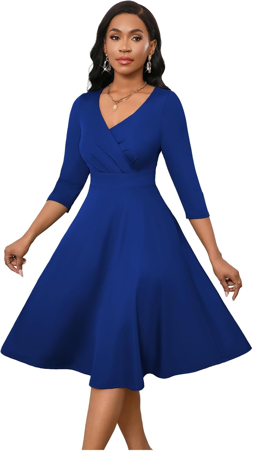 Womens Summer Dress 3/4 Sleeves V Neck 1950s Retro Vintage Wedding Cocktail Party Swing Flowy Wrap Midi Dresses