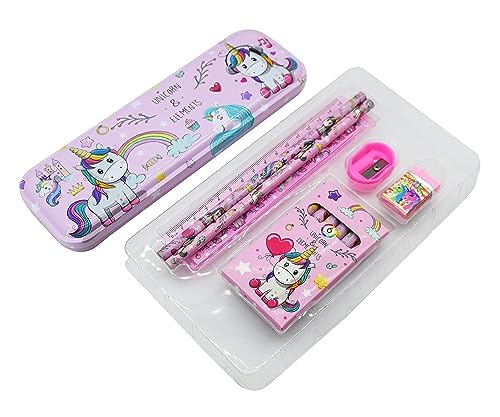 Image of Stationery Set School Supplies Gift Set Kit with 1 Pencil Box Case 2 Pencils 6 Crayon Colors 2 Space Gel Pen 1 Ruler Scale Eraser Sharpener Kit(Unicorn)