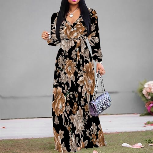 Image of Women Plus Size Long Sleeve V Neck Maxi Dress with Belt | Soft fabric relaxed fit three quarter sleeve v neck with pockets for party and daily wear