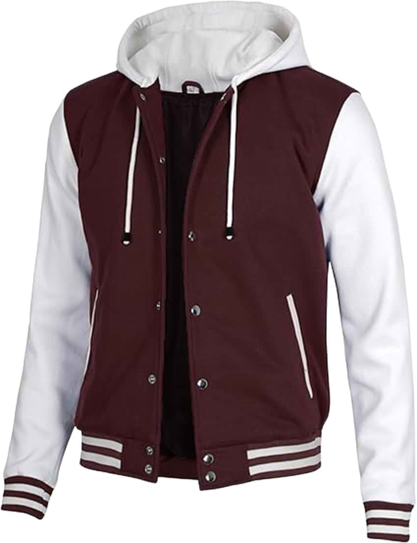 DecrumMens Letterman Bomber Hooded Varsity Jackets Soft Fleece Fabric, Polyester Lining, Drawstring Hood, Ribbed Cuffs & Hem, Bomber Style