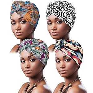 DRESHOW 4 Pak Vrouwen Tulband Afrikaans Patroon Knoop Hoofddoek Beanie Voorgebonden Bonnet Chemo Pet Haaruitval Hoed