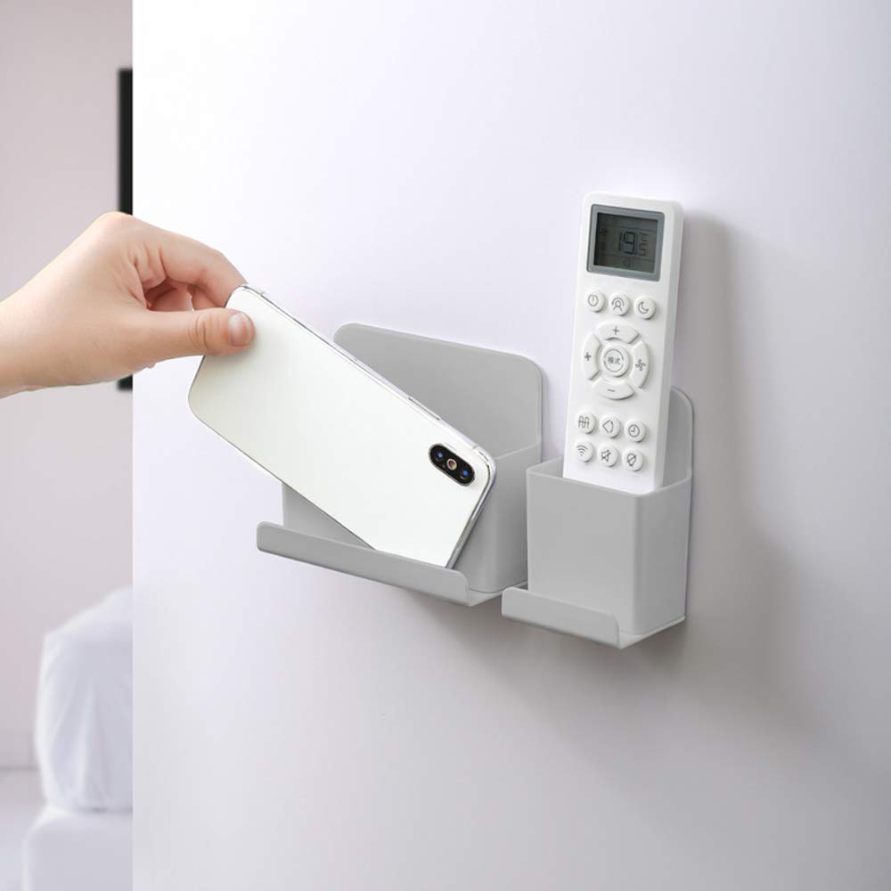Lot De 2 Supports Muraux Pour Téléphone & Télécommande - Autocollant, Avec Rangement Et Passage Câble - Noir