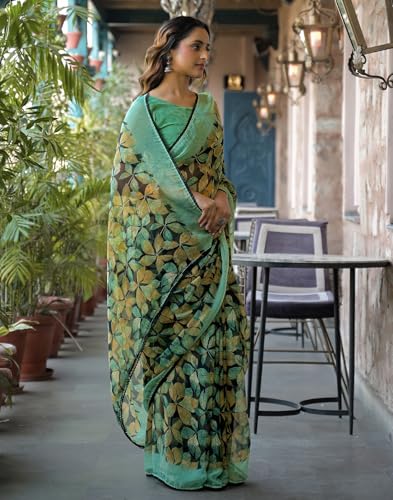 Image of SIRIL Women's Chiffon Printed Saree with Unstitched Blouse Piece