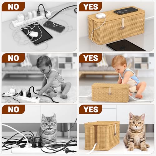 Aocii Handgemachte Kabelbox, Rattan Kabelmanagement Box, unter Schreibtisch Kabel Organizer Box für Tv Drähte Power Strip, kabelsalat verstecken Schreibtisch Steckdosenbox für Büro, Haus