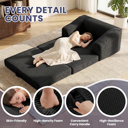 Image of JUIKURY Convertible Sofa Bed, 3-in-1 Foldable Loveseat Couch with Armrest, Corduroy Floor Sofa & Sleeper Bed, No Assembly High-Density Foam Futon Mattress for Living Room, Small Apartment, Dorm