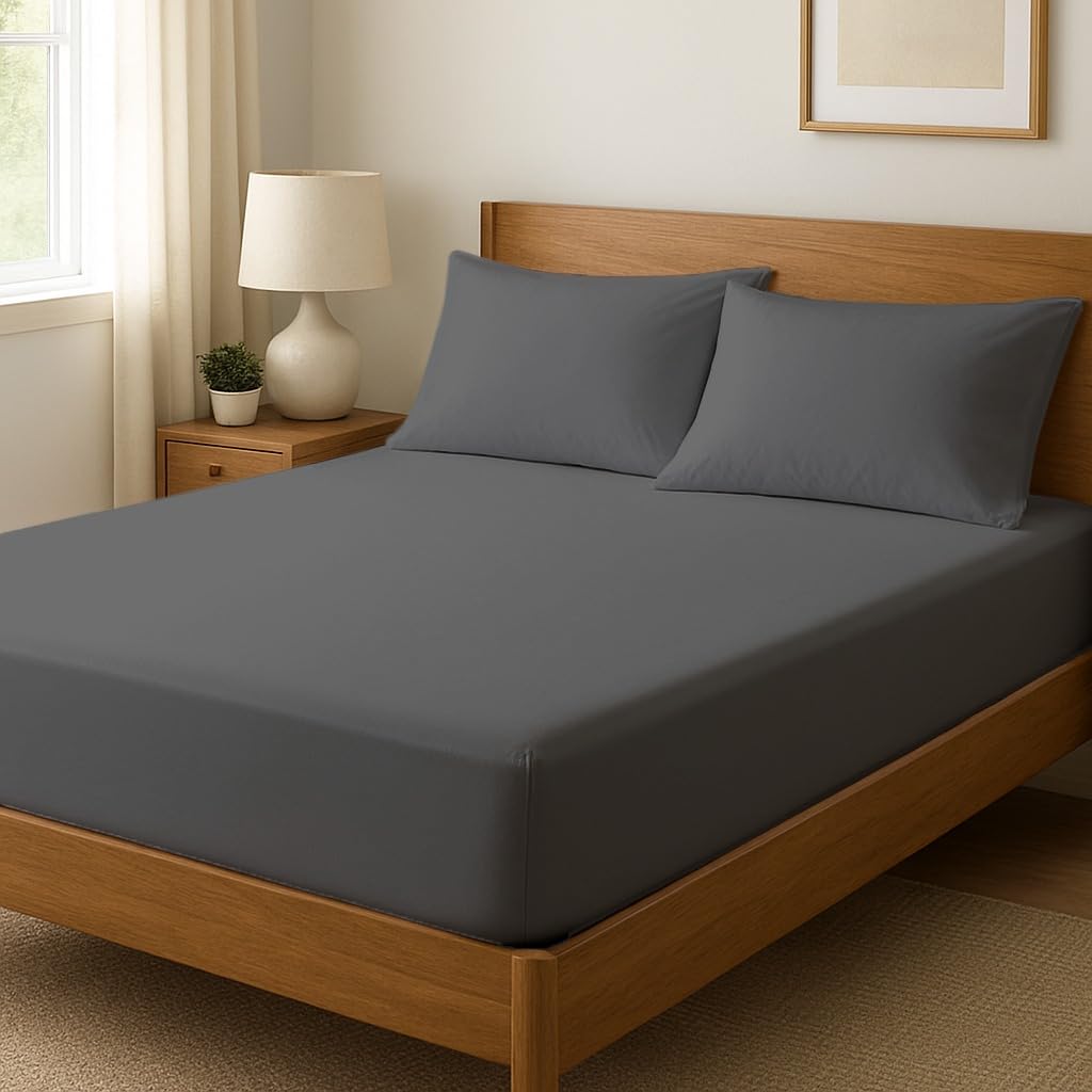 Novexa 100% Egyptian Cotton Double Fitted Sheets 400 Thread Count 35cm Deep Cooling Hotel Quality Bed Sheet Luxury Ultra Soft Bottom Grey Fitted Bedsheets