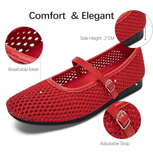 Image of Buyrew Women's Mary Jane Flats Breathable Mesh Square Toe Ballet Flats with Arch Support Washable Non Slip Casual Dress Shoes for Work Office