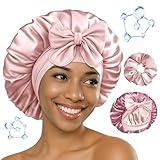 BONNET QUEEN Seidenhaube zum Schlafen Hyaluronsäure Bonnet mit Haarschutz für Nacht Doppellagige Schlafhaube Seide Satin Haarhaube Motorhaube für Damen mit Bindeband & Haargummi Creme Pink & Rose Gold