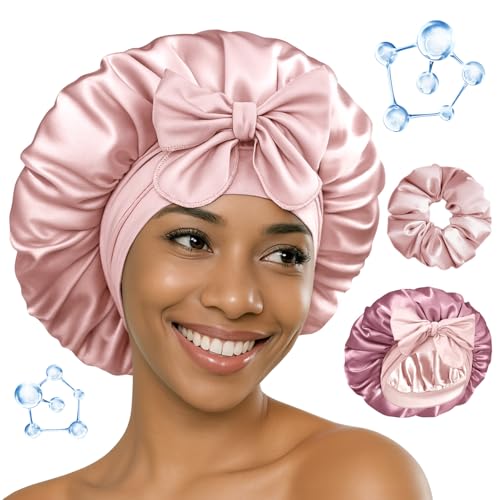 BONNET QUEEN Bonnet Satin Cheveux Nuit pour Dormir HYALURONIC Acide, Bonnet en Satin Reversible pour Cheveux Charlotte Bouclés, Ajustable avec Long Elastique et Chouchou, Crème Rose &amp; Or Rose