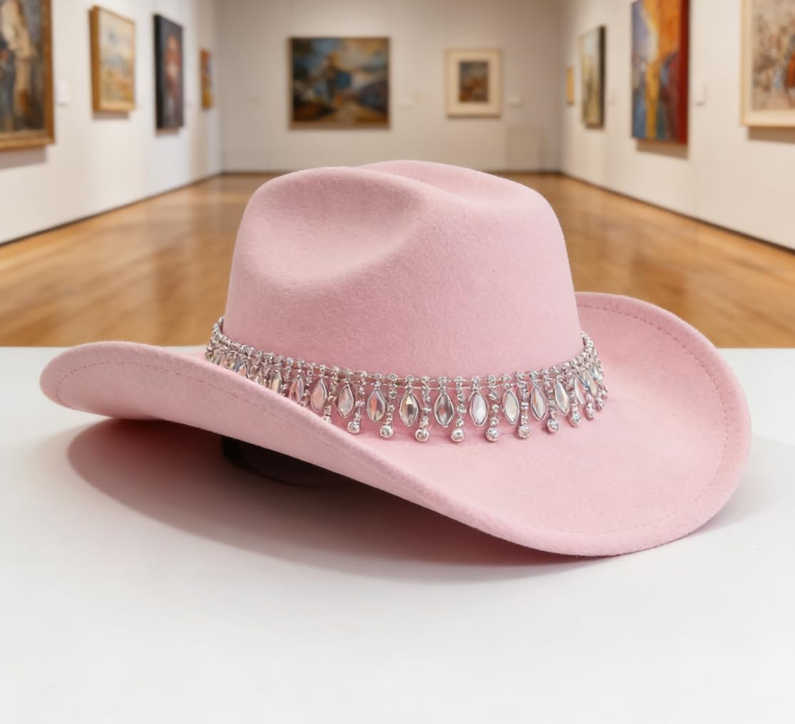 A Unique Pink European-Style Elegant hat, paired with a Jazz-Inspired Cowboy hat and Gemstone-Water Diamond Accessories.