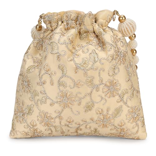 Image of LONGING TO BUY Indian Embroidered Pearl Potli Bag For Women, Sequence Design with Tassel, Wedding Potli Bags