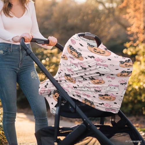 Image of Wanyint Car Seat Covers for Babies Girls Boys, Stretchy Carseat Canopy Soft Baby Breastfeeding Nursing Scarf Infant Stroller Cover Halloween Decor, Cute Ghost Pumpkin Bow Pink