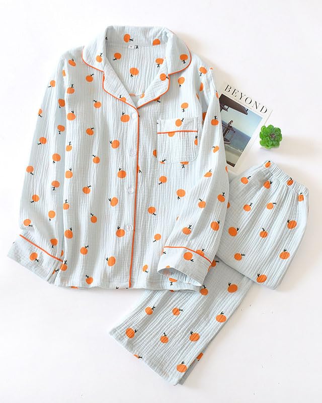Image of codcm Womens Cotton Gauze Pajama Set Long Sleeve Button Up Shirt and Pants 2 Piece Cute Printed Pj Set