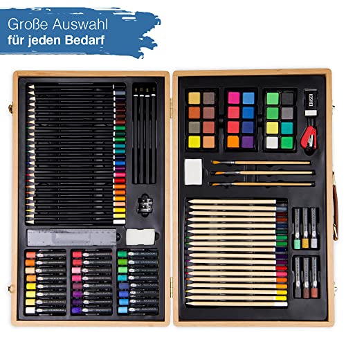 Artina XXL 89tlg Künstler Malset im Malkoffer Holz – Künstlerkoffer mit Buntstiften, Wasserfarben, Wachsmalstiften, Pastelle, Pinsel, Malfarben & Malzubehör zum Malen für Kinder & Erwachsene – Genova