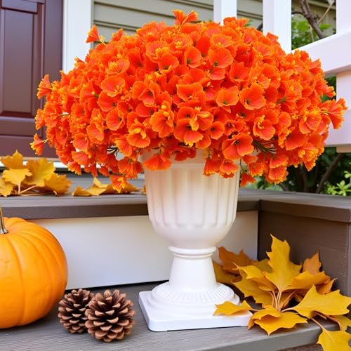 Artificial Fall Flowers for Outdoors Fake Mums Petunias Plants, 16 Bundles Faux Orange Morning Glory Flower Plants UV Resistant No Fade for Home Autumn Garden Thanksgiving Porch Patio Autumn Decor