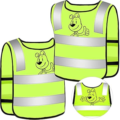 Pack of 2 Children's Safety Vests, 2 3 4 5 6 7 8 9 10 Years, 2 Yellow Light Vest for Boys Girls, Happy and Confident Dog Design, Universal Size Children's High Visibility Vests School Cover