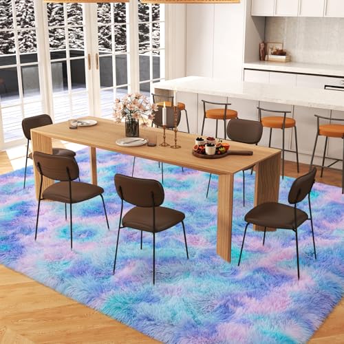 Image of Dssimo Cute Furry Purple Rainbow Rugs for Bedroom Girls Room Decor