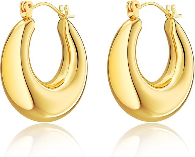 Chunky Gold Hoop Earrings for Women, 14k Gold Plated Thick Triple Hoop Earrings Hypoallergenic Trendy Chunky Gold Hoops Earrings Dainty Jewelry Gifts for Women