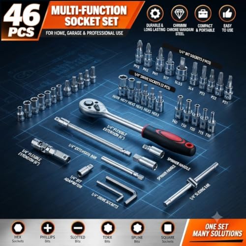 Image of 46PCS Small Drive Socket Ratchet Wrench Screwdriver Set, 1 /4 Inch Metric Socket and Ratchet Wrench Set with Extension Bar, Upgrade Compact Tool Set for Car