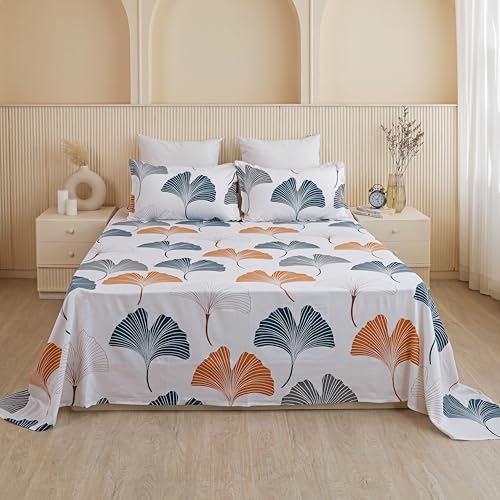 Image of HOMEMONDE Premium Cotton King Size Bedsheet 108 x 108 Inch, 210 TC Leaf Printed Flat Sheet with 2 Pillow Covers, Mustard & Grey, Premium Gift Box Included | Perfect for Home Decor & Gifting