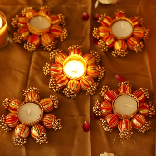 Image of Sehaz Artworks Festive Decor | Golden Diwali Diyas for Home Decorations | Diya with Tealight | Diwali Decoration for Home | Diya for Pooja | Pooja Decoration Items - Pack of 5