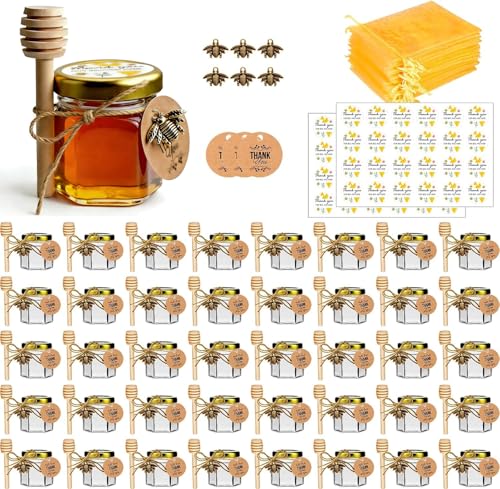 DnayDkiy Vasetti Miele, Piccoli Barattoli Bomboniere Ber la Comunione, Contenitori per miele Bomboniere, Barattolini Miele Sacchetti Organza per Natale Battesimo, 40 Pezzi 45ml