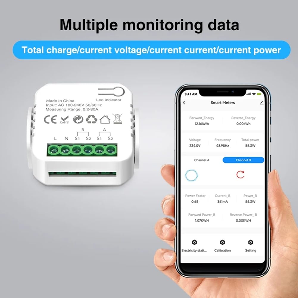 Medidor de Potencia Inteligente Tuya Wifi con Abrazadera para Transformador de Corriente, Medidor de Energía de 2 Canales 80A, Vatímetro para Hogar Inteligente