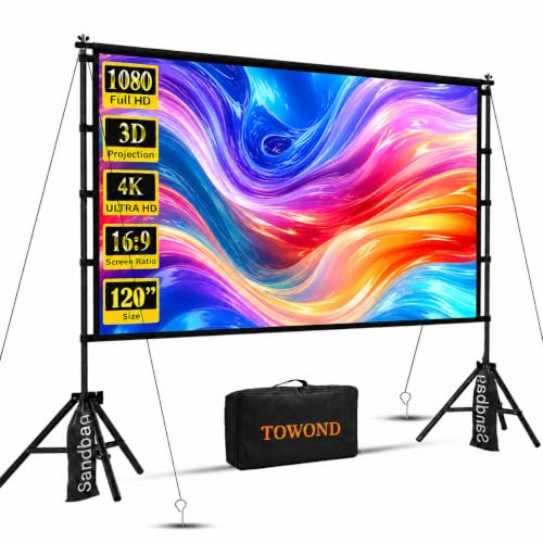 Image of Outdoor Projector Screen with Stand, TOWOND 120 inch Portable Movie Screen, 16:9 HD Foldable Anti-Crease Projection Screen with Carry Bag for Sports Viewing Parties Support Double Sided