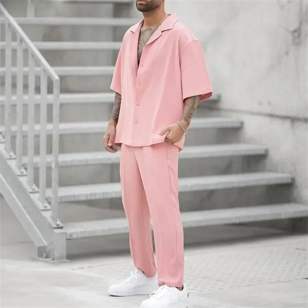 Men's 2Pcs Pants Sets Lapel Shirt Top and Set Pants Two Piece Set Clothing