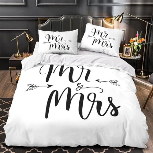 Wedding Calligraphy Housse de Couette 3D Imprimée Microfibre 3 Pièces 2 Taies Ultra Douce hand Drawn Romantic Parure de Lit Léger Hypoallergique for Enfants...