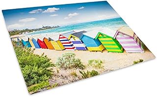 Colourful Beach Huts Retro Glass Chopping Board Kitchen Worktop Saver Protector