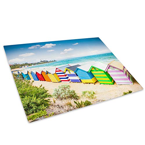 Colourful Beach Huts Retro Glass Chopping Board Kitchen Worktop Saver Protector