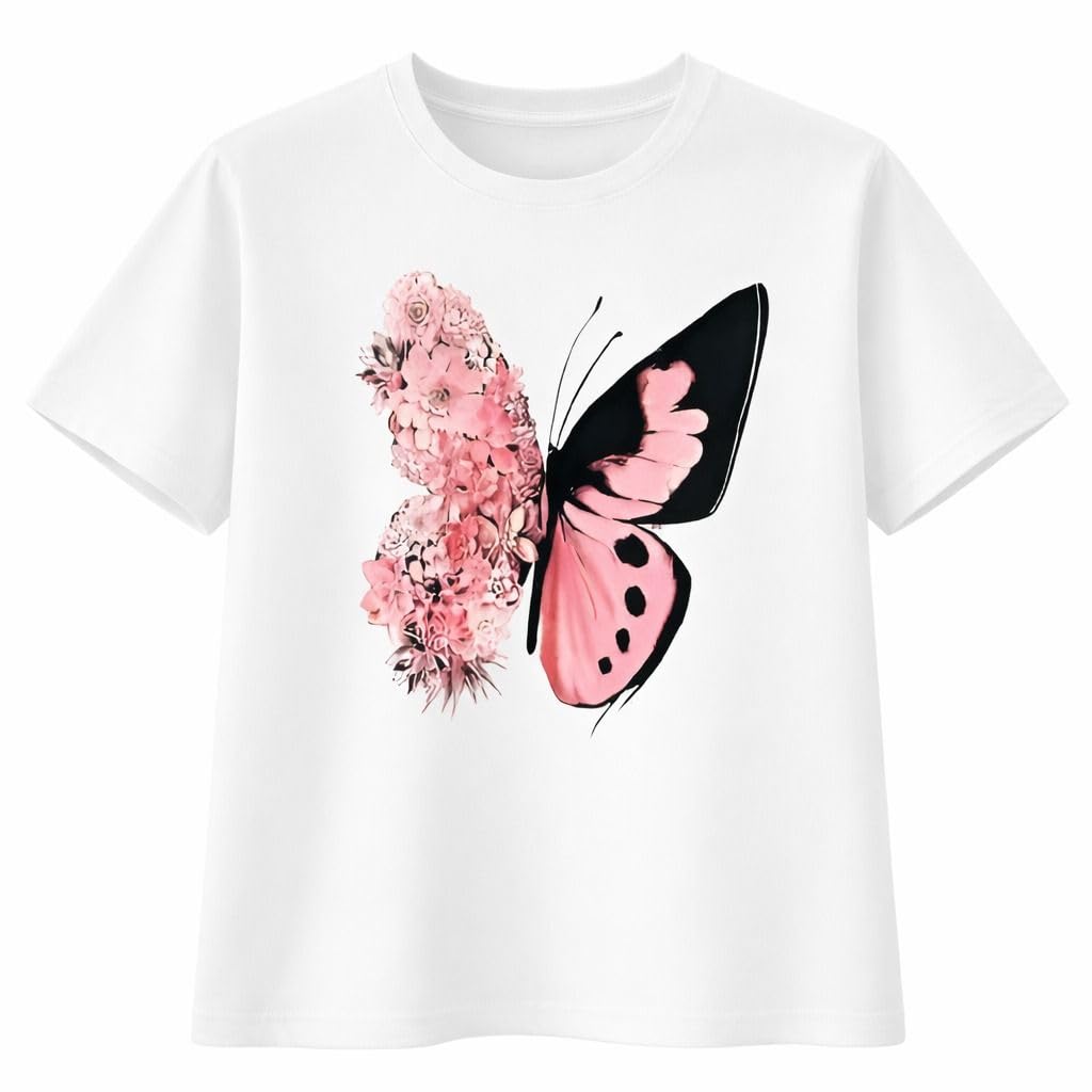 Butterfly Floral Graphic Printed T-Shirt for Women | Round Neck Half Sleeve Casual Top | Pink Flower Butterfly Artwork Tee | Lightweight Fashion Wear for College, Travel & Outings (White)-picture-49