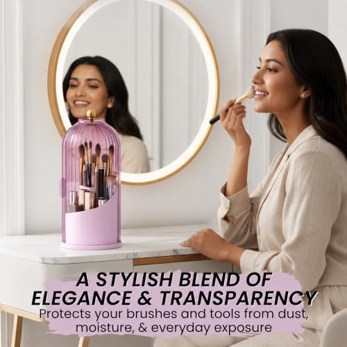 Image of OCEANEVO Cosmetic Makeup Brush Holder with Makeup Sponge, Dustproof Makeup Brush Organiser Stand with 360 Rotatable Lid - 12.5 x 27 Cm - Purple - 1 Year Warranty