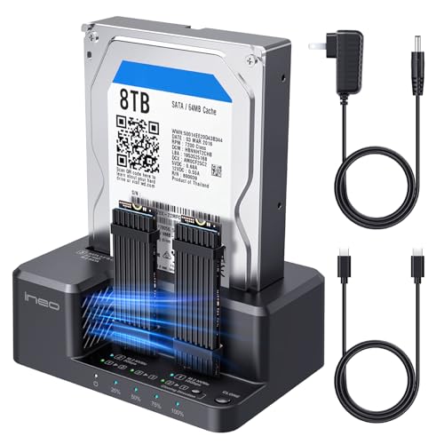 ineo USB-C 10Gbps HDD /M2 SSD Docking Station, Supports 3.5" & 2.5" SATA HDD/SSD and M.2 NVMe/SATA SSD, Offline Clone, Tool-Free External Hard Drive Dock [2638-II]