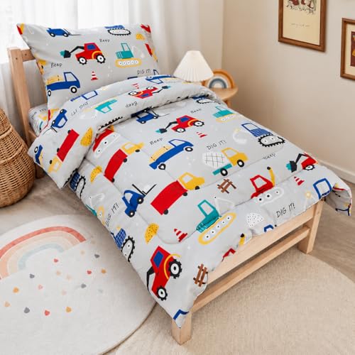 Image of TinyPalsa 4-Piece Toddler Bedding Set, Toddler Bed Comforter Set for Boys | Includes Comforter, Fitted Sheet, Flat Sheet & Pillowcase, Grey Construction