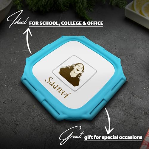 Image of SAVRI Personalized Stainless Steel Lunch Box for Kids - Customized Laser Photo & Name Printed | Square Food Storage Tiffin Box Lunch Box for Baby, Toddler & Children. (Blue)