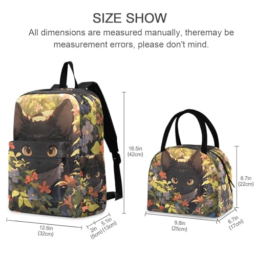 Black Cat in Flowers Print Backpack Set with Lunch Bag, Large Capacity Travel Backpacks and Lunch Box Insulated for Commute Hiking Picnic2