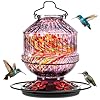 Hand Blown Glass Hummingbird Feeders for Outdoors 25 Ounces Wild Bird Nectar Feeder with Perch 5 Flower Feeding Ports Leak Proof Hanging for Garden Backyard Decor Gifts for Women Mom Purple