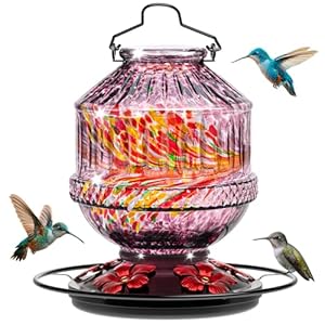 Hand Blown Glass Hummingbird Feeders for Outdoors, 25 Ounces Wild Bird Nectar Feeder with Perch & 5 Flower Feeding Ports Leak Proof Hanging for Garden Backyard Decor, Gifts for Women Mom, Purple Hand Blown Glass Hummingbird Feeders for Outdoors 25 Ounces Wild Bird Nectar Feeder with Perch 5 Flower Feeding Ports Leak Proof Hanging for Garden Backyard Decor Gifts for Women Mom Purple