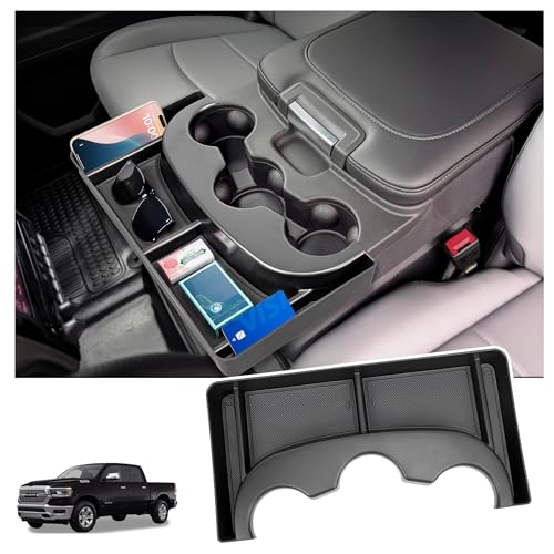 Sinminou Center Console Cup Holder Organizer Compatible with 2013-2024 Dodge RAM 1500/1500 Classic 2013-2026 RAM 2500/3500 Accessories Cup Holder Front Storage Box Tray (Fit 3-Cup Holder Jump Seat)