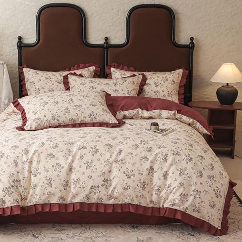 Image of VM VOUGEMARKET Red Ruffle Duvet Cover Twin,Vintage Rose Flower Bedding Set with Zipper Ties 100% Cotton Romantic Lace Comforter Cover for Teen Girls