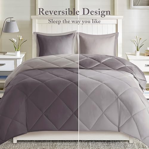 Image of Madison Park Comforter Set, Reversible Down Alternative All Season Microfiber Bedding, 3M Scotchgard Stain Release, Full /Queen Dorm Comforter, Charcoal /Grey
