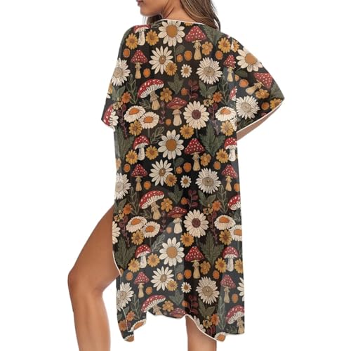 Spowatriy Women's Swimwear Cover Ups Short Sleeve Chiffon Kimono Beach Cover Up Cardigan Fashion Floral Tops, Daisy Mushroom, One Size