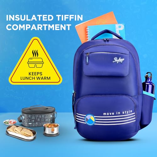 Image of Skybags Bussin Blue 42 Liters Casual Backpack for Boys & Girls with Insulated Tiffin Pocket & Rain Cover | 3 Compartments | Perfect for School & Travel - Unisex