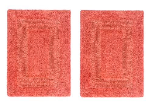 COTTON CRAFT Luxurious Bath Mat Rug - Set of 2 Reversible Heavyweight Step Out Bath Mats for Bathroom Floor Tub and Shower - Pure Cotton Soft Plush Absorbent Tufted Racetrack Mat - 17 x 24 in - Coral