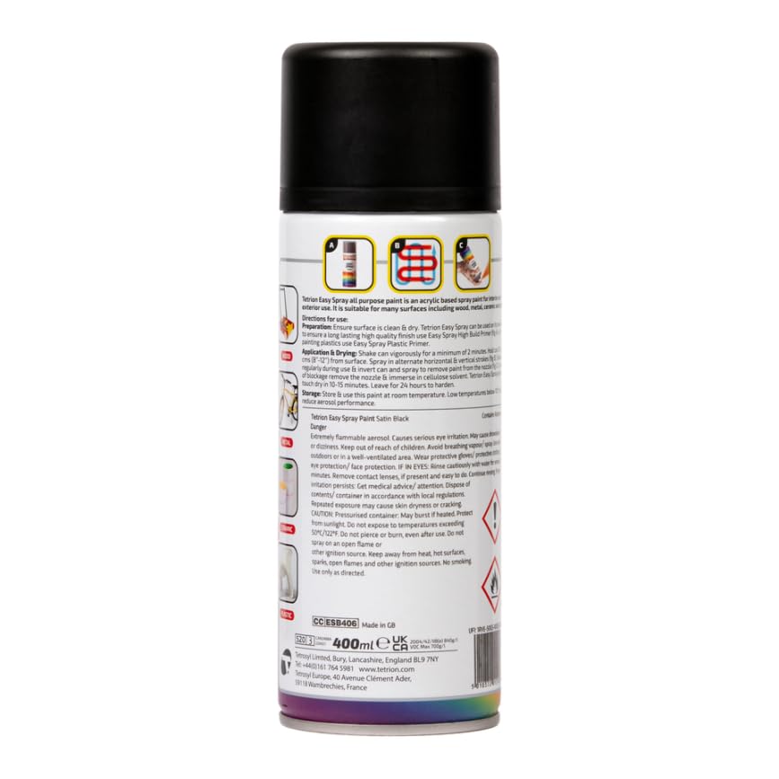 Image of Tetrion Easy Spray Paint - Satin Black 400ml - All-Purpose Fast Drying Acrylic Spray for Wood, Metal, Plastic, Ceramic & More, Smooth Base Coat - Indoor & Outdoor Use, 13.5 Oz