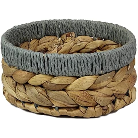 Small Water Hyacinth round baskets for storage Natural colour with grey edges shelves open. Decorative gift box Small bathroom mini tray makeup bathroom Kitchen organiser (Medium 18cm, 1 X Basket) Cover