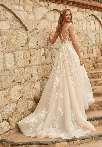 Women's V-Neck Spaghetti Strap Lace Beach Wedding Dresses For Bride Boho Lace Applique Bridal Gowns With Sweep Train White Us6 #TOP28